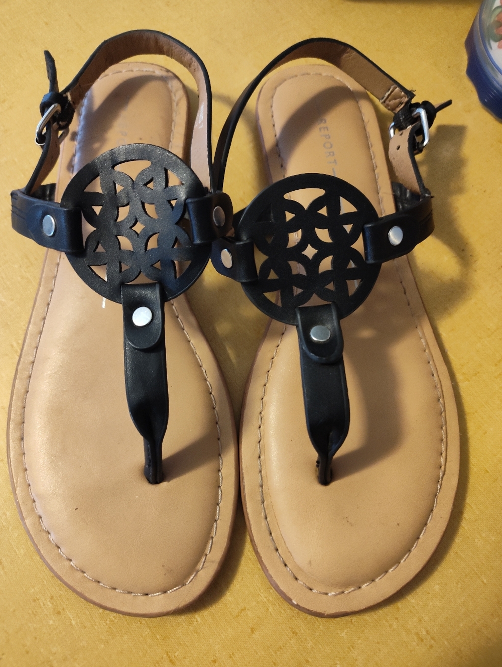 Report Black Circular Cutout T-Strap Sandals